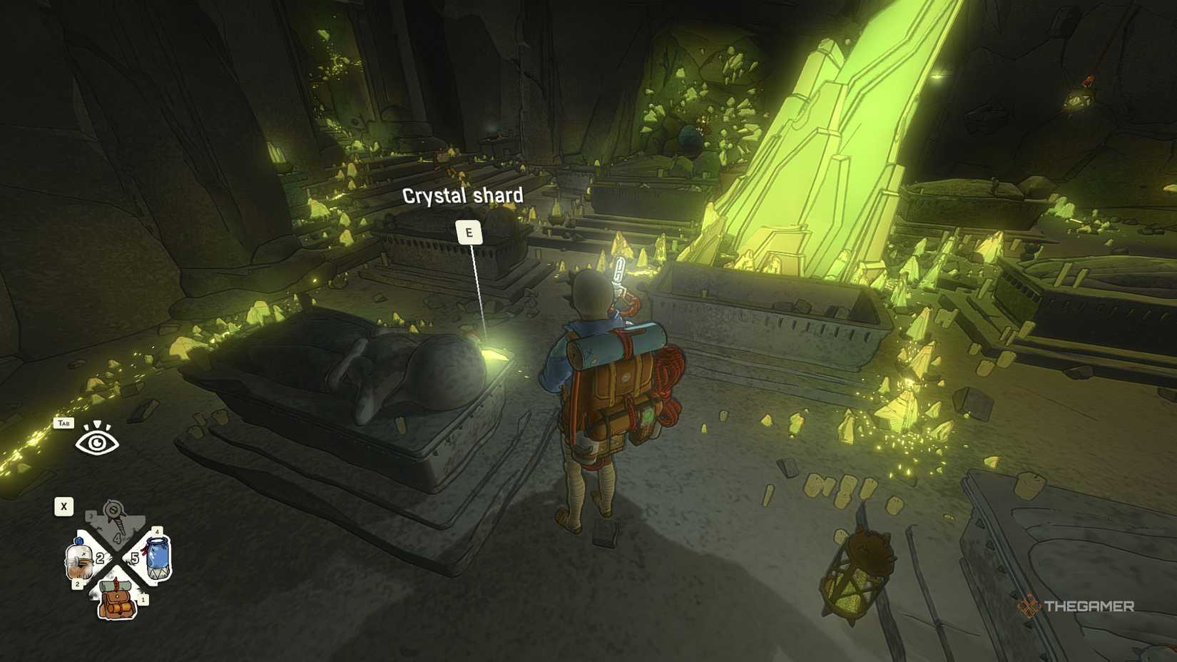 Аав стоит у осколка кристалла в Cairn.