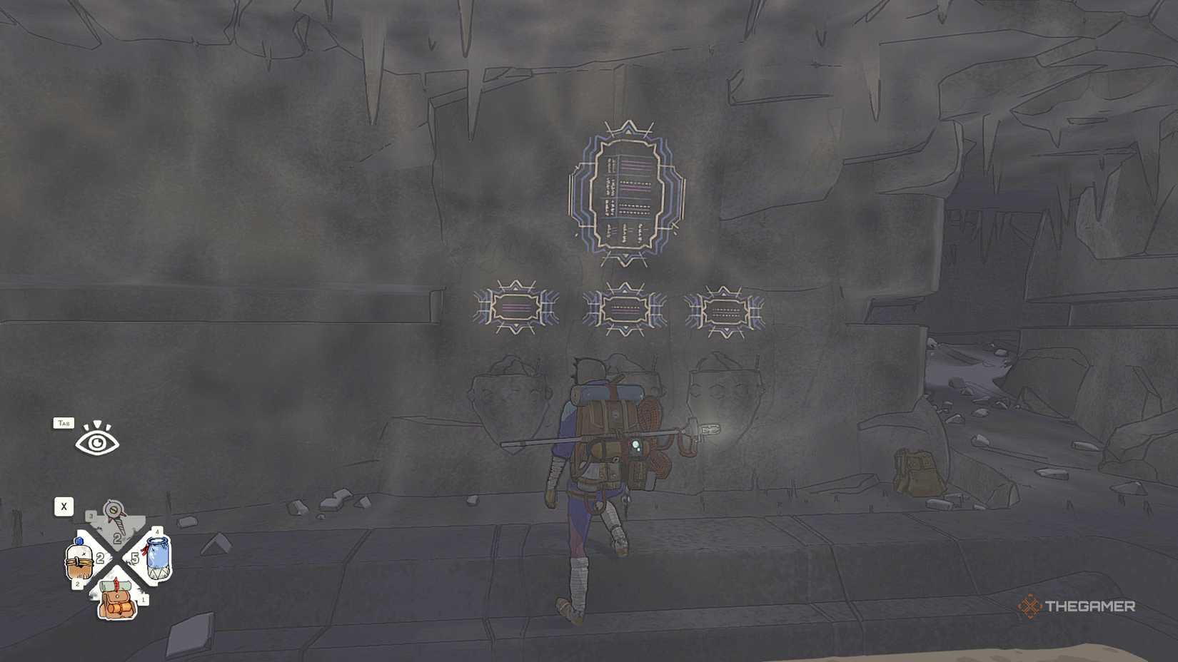 Наскальные рисунки и три горшка со смолой в локации The Dome в Cairn.