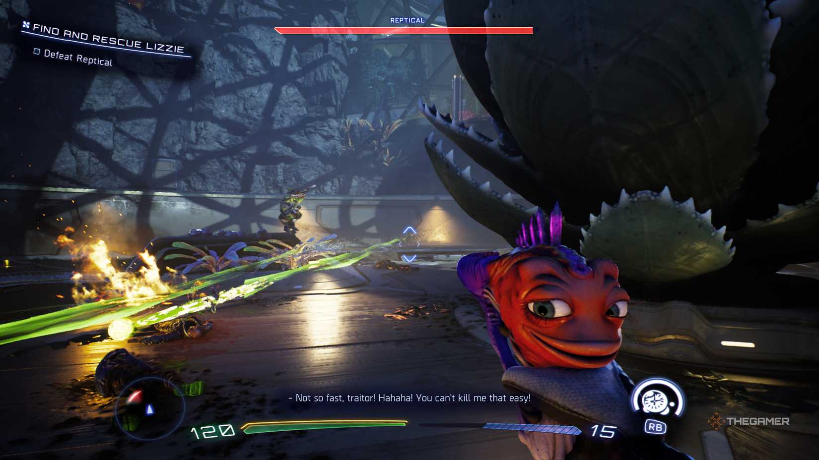 Рептикэл прыгает на скейте, стреляя зелеными снарядами в High On Life 2