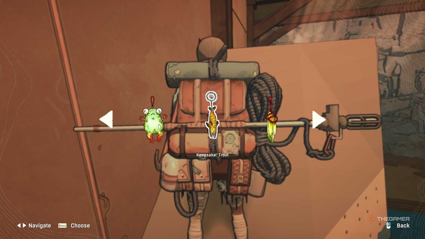 Выбор сувенира Форель в инвентаре Cairn.