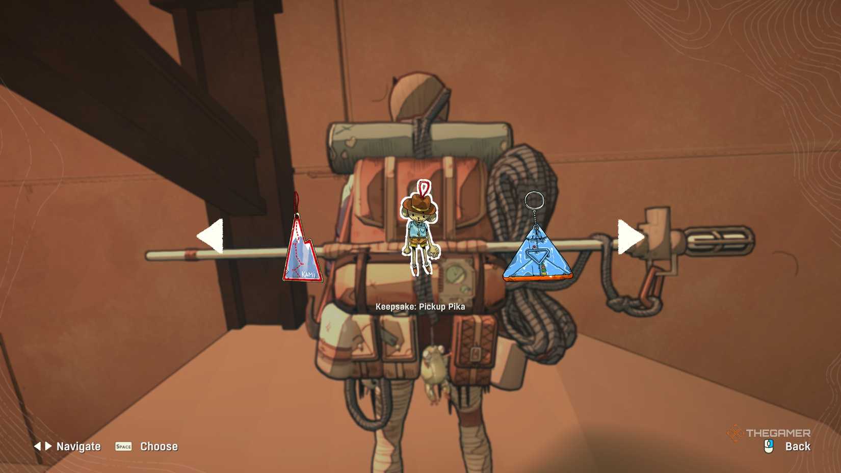 Выбор сувенира Pickup Pika в инвентаре Cairn.