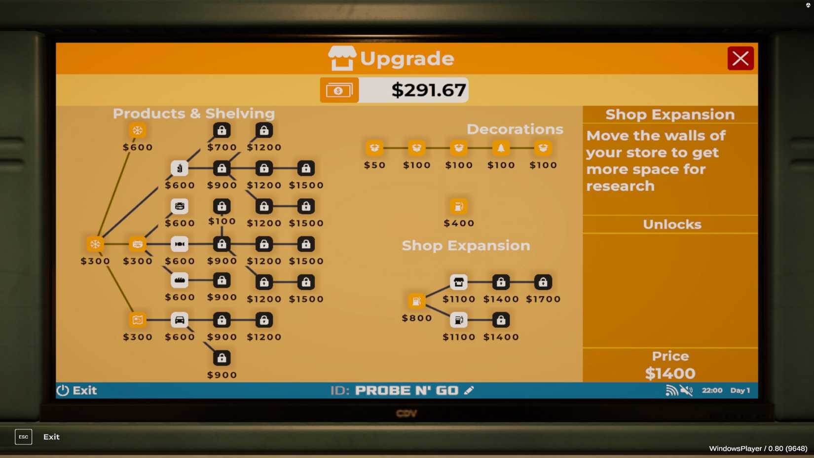 Меню Store Upgrades в Roadside Research: прокачка магазина, товары и расширение заправки