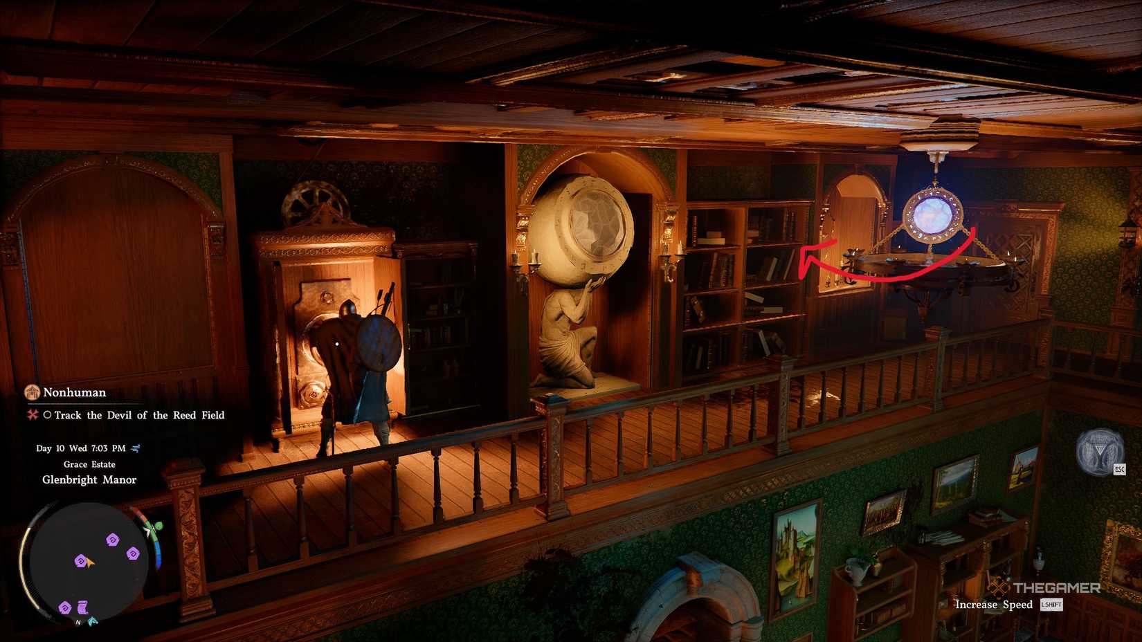 Игрок крутит маховик, чтобы направить синий свет на статую с кристаллом в поместье Гленбрайт