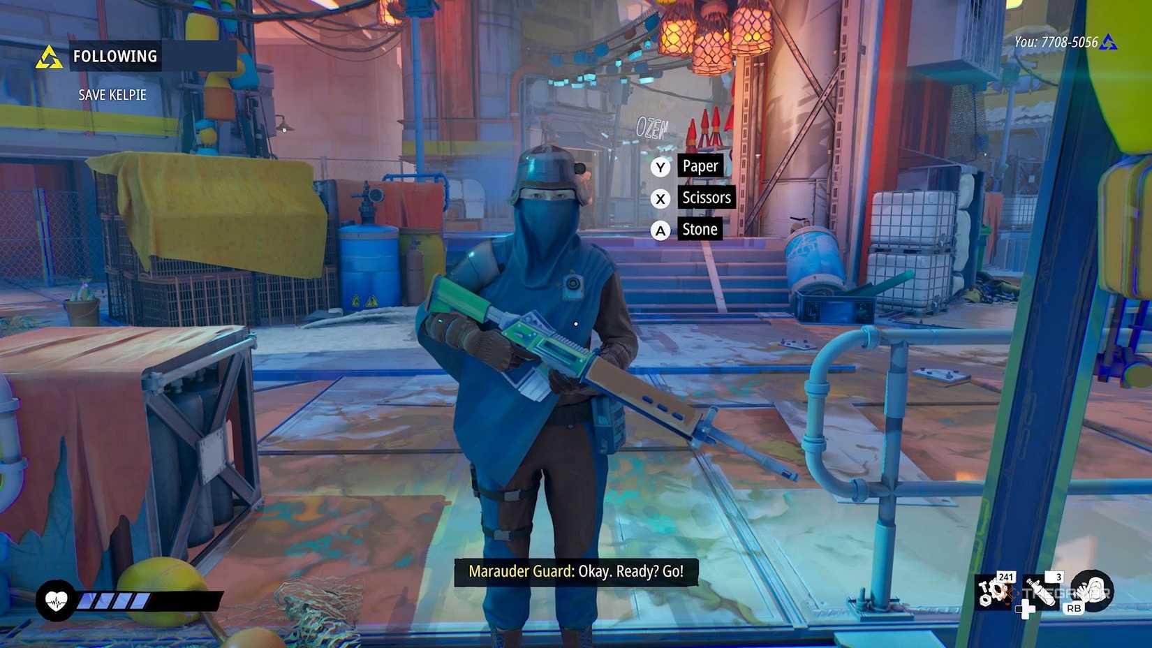 Игрок играет в камень-ножницы-бумага со стражником в Tides of Tomorrow