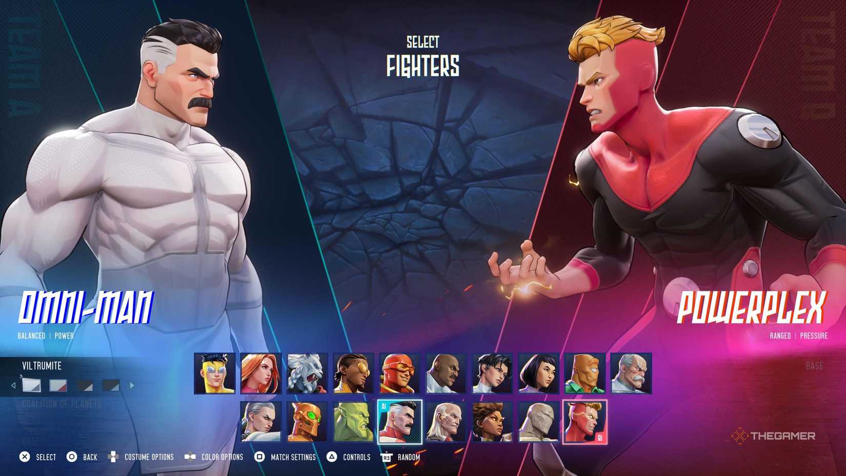 Экран выбора персонажа в Invincible VS с костюмом Вильтрумита для Омни-Мэна